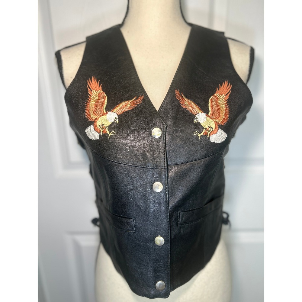 VTG Addis Leather Biker Vest Eagle Embroidered Lace Up Side Motorcycle Western